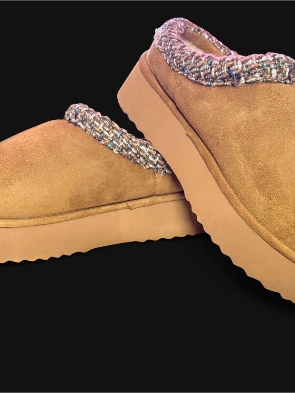 Steve Madden Tan Suede Platform Clogs with Multicolor Knit Trim